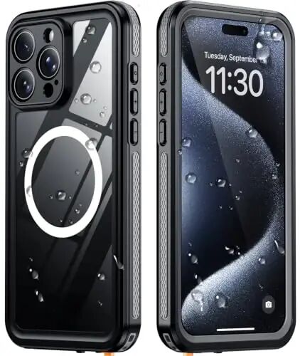 Temdan Designed for iPhone 15 Pro Max Case Waterproof, Black/Clear | Built-in Screen & Camera Protector, Compatible with MagSafe, IP68 Waterproof, Shockproof, Dustproof, Full Body Protective - Temdan