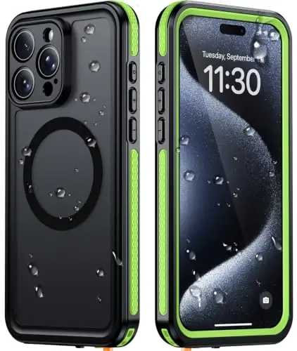 Temdan Designed for iPhone 15 Pro Max Case Waterproof, Green | Built-in Screen & Camera Protector, Compatible with MagSafe, IP68 Waterproof, Shockproof, Dustproof, Full Body Protective - 1