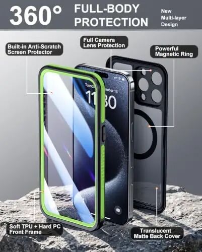 Temdan Designed for iPhone 15 Pro Max Case Waterproof, Green | Built-in Screen & Camera Protector, Compatible with MagSafe, IP68 Waterproof, Shockproof, Dustproof, Full Body Protective - Temdan (1)