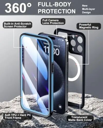 Temdan Designed for iPhone 15 Pro Max Case Waterproof,Blue/Clear | Built-in Screen & Camera Protector, Compatible with MagSafe, IP68 Waterproof, Shockproof, Dustproof, Full Body Protective - 2