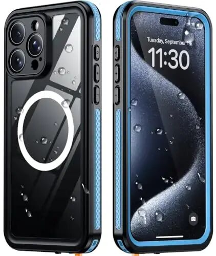 Temdan Designed for iPhone 15 Pro Max Case Waterproof,Blue/Clear | Built-in Screen & Camera Protector, Compatible with MagSafe, IP68 Waterproof, Shockproof, Dustproof, Full Body Protective - Temdan
