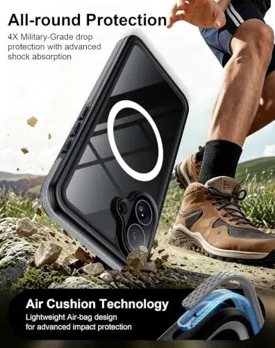 Temdan Designed for iPhone 16 Case Waterproof, Black/Clear | Built-in Screen & Camera Protector, Compatible with MagSafe, IP68 Waterproof, Shockproof, Dustproof, Full Body Protective - 3