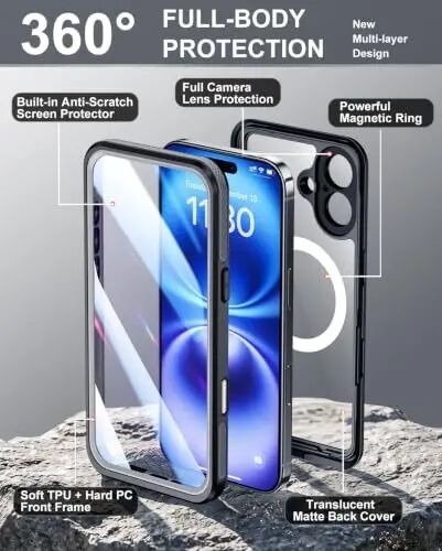 Temdan Designed for iPhone 16 Case Waterproof, Black/Clear | Built-in Screen & Camera Protector, Compatible with MagSafe, IP68 Waterproof, Shockproof, Dustproof, Full Body Protective - 4