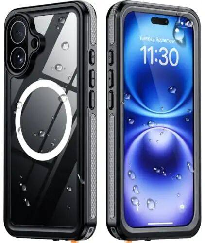 Temdan Designed for iPhone 16 Case Waterproof, Black/Clear | Built-in Screen & Camera Protector, Compatible with MagSafe, IP68 Waterproof, Shockproof, Dustproof, Full Body Protective - Temdan