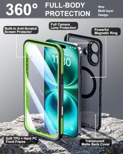 Temdan Designed for iPhone 16 Case Waterproof, Green | Built-in Screen & Camera Protector, Compatible with MagSafe, IP68 Waterproof, Shockproof, Dustproof, Full Body Protective - 4