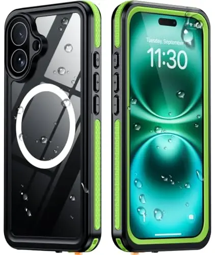 Temdan Designed for iPhone 16 Case Waterproof, Green/Clear | Built-in Screen & Camera Protector, Compatible with MagSafe, IP68 Waterproof, Shockproof, Dustproof, Full Body Protective - 1