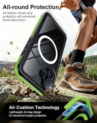 Temdan Designed for iPhone 16 Case Waterproof, Green/Clear | Built-in Screen & Camera Protector, Compatible with MagSafe, IP68 Waterproof, Shockproof, Dustproof, Full Body Protective - 3