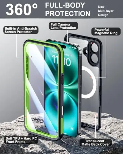 Temdan Designed for iPhone 16 Case Waterproof, Green/Clear | Built-in Screen & Camera Protector, Compatible with MagSafe, IP68 Waterproof, Shockproof, Dustproof, Full Body Protective - 4