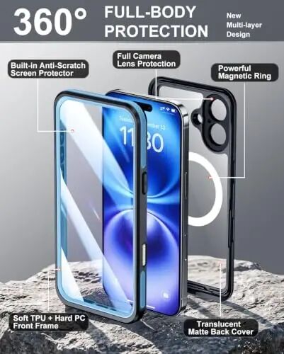 Temdan Designed for iPhone 16 Case Waterproof,Blue/Clear | Built-in Screen & Camera Protector, Compatible with MagSafe, IP68 Waterproof, Shockproof, Dustproof, Full Body Protective - 4