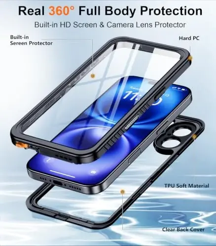 Temdan Designed for iPhone 16 Case Waterproof,Built-in Screen & Camera Protector Full Body Shockproof IP68 Underwater Dustproof Dropproof Phone Case for iPhone 16 6.1