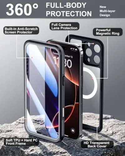 Temdan Designed for iPhone 16 Pro Case Waterproof, Black/Clear | Built-in Screen & Camera Protector, Compatible with MagSafe, IP68 Waterproof, Shockproof, Dustproof, Full Body Protective - 2