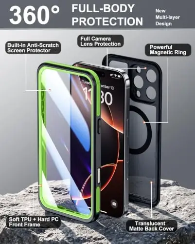 Temdan Designed for iPhone 16 Pro Case Waterproof, Green | Built-in Screen & Camera Protector, Compatible with MagSafe, IP68 Waterproof, Shockproof, Dustproof, Full Body Protective - Temdan (1)