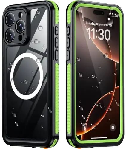 Temdan Designed for iPhone 16 Pro Case Waterproof, Green/Clear | Built-in Screen & Camera Protector, Compatible with MagSafe, IP68 Waterproof, Shockproof, Dustproof, Full Body Protective - Temdan