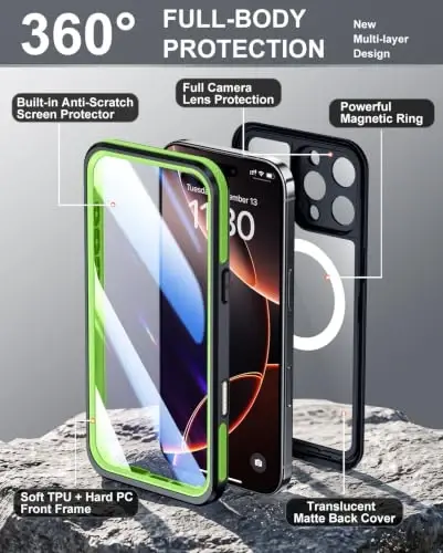 Temdan Designed for iPhone 16 Pro Case Waterproof, Green/Clear | Built-in Screen & Camera Protector, Compatible with MagSafe, IP68 Waterproof, Shockproof, Dustproof, Full Body Protective - 2