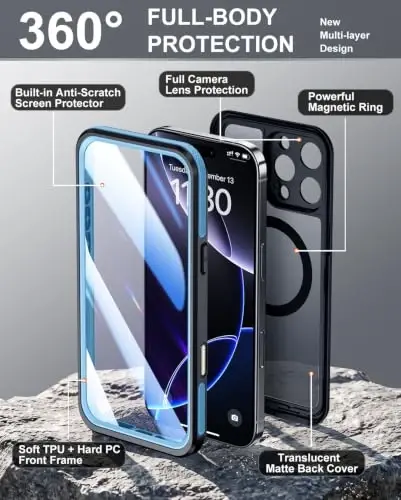Temdan Designed for iPhone 16 Pro Max Case Waterproof, Blue | Built-in Screen & Camera Protector, Compatible with MagSafe, IP68 Waterproof, Shockproof, Dustproof, Full Body Protective - Temdan (1)