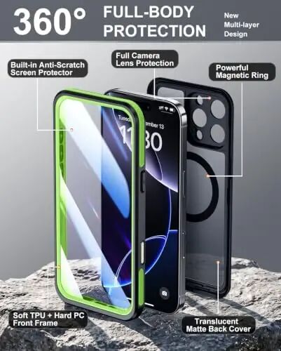 Temdan Designed for iPhone 16 Pro Max Case Waterproof, Green | Built-in Screen & Camera Protector, Compatible with MagSafe, IP68 Waterproof, Shockproof, Dustproof, Full Body Protective - 2