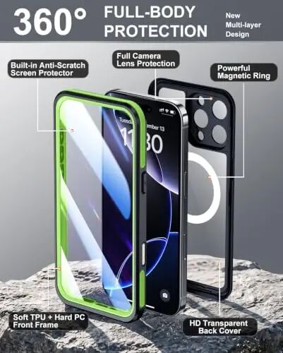 Temdan Designed for iPhone 16 Pro Max Case Waterproof, Green/Clear | Built-in Screen & Camera Protector, Compatible with MagSafe, IP68 Waterproof, Shockproof, Dustproof, Full Body Protective - Temdan (1)
