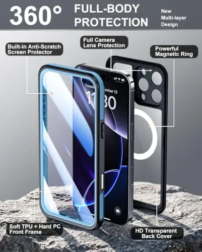 Temdan Designed for iPhone 16 Pro Max Case Waterproof,Blue/Clear | Built-in Screen & Camera Protector, Compatible with MagSafe, IP68 Waterproof, Shockproof, Dustproof, Full Body Protective - 2