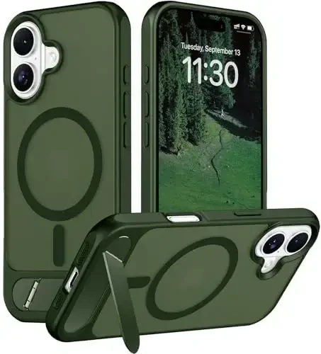 Temdan Designed for iPhone 17 Case, [Built-in Invisible Kickstand][Compatible with MagSafe][Military Grade Shockproof] Slim Translucent Matte Phone Case 6.3 inch (Green) - TEMDAN
