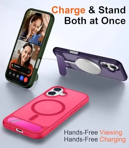 Temdan Designed for iPhone 17 Case, [Built-in Invisible Kickstand][Compatible with MagSafe][Military Grade Shockproof] Slim Translucent Matte Phone Case 6.3 inch (Hot Pink) - 3