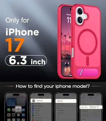Temdan Designed for iPhone 17 Case, [Built-in Invisible Kickstand][Compatible with MagSafe][Military Grade Shockproof] Slim Translucent Matte Phone Case 6.3 inch (Hot Pink) - 2