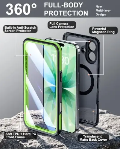 Temdan Designed for iPhone 17 Case Waterproof, Green | Built-in Screen & Camera Protector, Compatible with MagSafe, IP68 Waterproof, Shockproof, Dustproof, Full Body Protective - 2