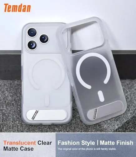 Temdan Designed for iPhone 17 Pro Case, [Built-in Invisible Kickstand][Compatible with MagSafe][Military Grade Shockproof] Slim Translucent Matte Phone Case 6.3 inch (Clear Matte) - 2