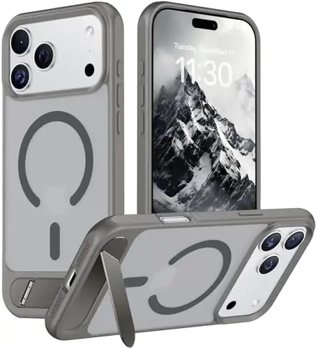 Temdan Designed for iPhone 17 Pro Case, [Built-in Invisible Kickstand][Compatible with MagSafe][Military Grade Shockproof] Slim Translucent Matte Phone Case 6.3 inch (Gray) 