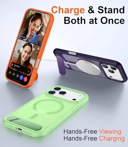 Temdan Designed for iPhone 17 Pro Case, [Built-in Invisible Kickstand][Compatible with MagSafe][Military Grade Shockproof] Slim Translucent Matte Phone Case 6.3 inch (Light Green) - 3