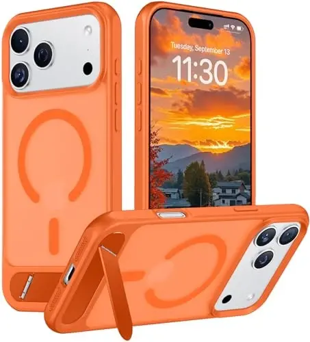 Temdan Designed for iPhone 17 Pro Case, [Built-in Invisible Kickstand][Compatible with MagSafe][Military Grade Shockproof] Slim Translucent Matte Phone Case 6.3 inch (Orange) - TEMDAN