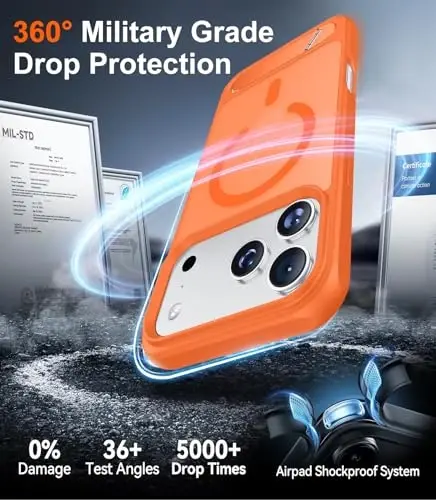 Temdan Designed for iPhone 17 Pro Case, [Built-in Invisible Kickstand][Compatible with MagSafe][Military Grade Shockproof] Slim Translucent Matte Phone Case 6.3 inch (Orange) - 5