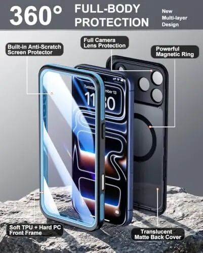 Temdan Designed for iPhone 17 Pro Case Waterproof, Blue | Built-in Screen & Camera Protector, Compatible with MagSafe, IP68 Waterproof, Shockproof, Dustproof, Full Body Protective - Temdan (1)