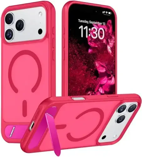 Temdan Designed for iPhone 17 Pro Max Case, [Built-in Invisible Kickstand][Compatible with MagSafe][Military Grade Shockproof] Slim Translucent Matte Phone Case 6.9 inch (Hot Pink) - 1