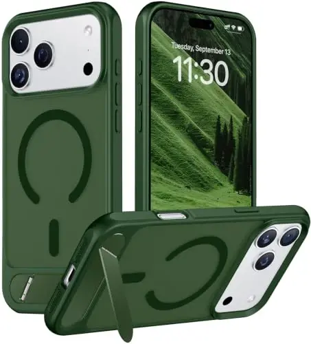 Temdan Designed for iPhone 17 Pro Max Case, [Built-in Invisible Kickstand][Compatible with MagSafe][Military Grade Shockproof] Slim Translucent Matte Phone Case for 17 Pro Max 6.9 inch (Forest Green) - TEMDAN