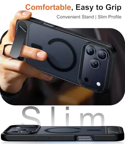 Temdan Designed for iPhone 17 Pro Max Case, [Built-in Invisible Kickstand][Compatible with MagSafe][Military Grade Shockproof] Slim Translucent Matte Phone Case for iPhone 17 Pro Max 6.9 inch (Black) 