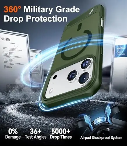 Temdan Designed for iPhone 17 Pro Max Case, [Oʻrnatilgan Koʻrinmas Tirgak][MagSafe bilan mos][Harbiy Darajadagi Zarbadan Himoya] Yupqa Yarim Shaffof Mat Telefon Gʻilofi 6.9 dyuym (Yashil) - 5