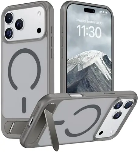 Temdan Designed for iPhone 17 Pro Max Case, [Oʻrnatilgan koʻrinmas tirgak][MagSafe bilan mos][Harbiy darajadagi zarbga chidamli] Yupqa shaffof matli telefon gʻilofi 6.9 dyuym (Kulrang) 