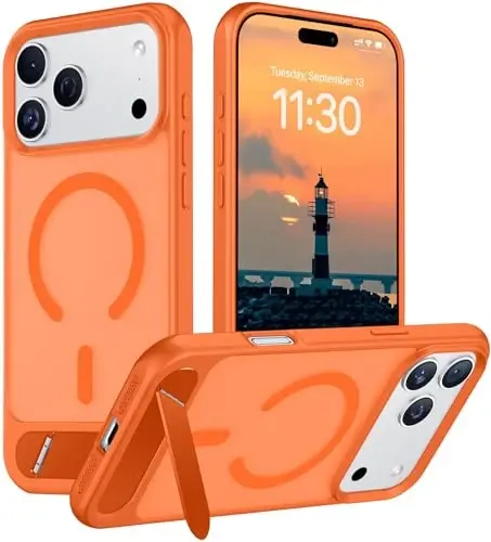 Temdan Designed for iPhone 17 Pro Max Case, [Oʻrnatilgan Koʻrinmas Tirgak][MagSafe bilan mos][Harbiy Standartga Javob Beradigan Zarba oʻtkazmaydigan] Yupqa Yarim Shaffof Mat Telefon Gʻilofi 6.9 dyuym (Apelsinrang) - TEMDAN