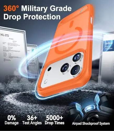 Temdan Designed for iPhone 17 Pro Max Case, [Oʻrnatilgan Koʻrinmas Tirgak][MagSafe bilan mos][Harbiy Standartga Javob Beradigan Zarba oʻtkazmaydigan] Yupqa Yarim Shaffof Mat Telefon Gʻilofi 6.9 dyuym (Apelsinrang) - 5