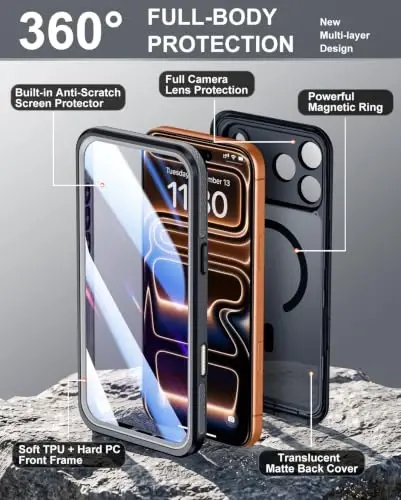 Temdan Designed for iPhone 17 Pro Max Case Waterproof, Black | Built-in Screen & Camera Protector, Compatible with MagSafe, IP68 Waterproof, Shockproof, Dustproof, Full Body Protective - 4