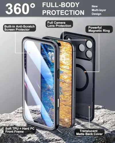 Temdan Designed for iPhone 18 Pro Case Waterproof, Black | Translucent Matte Back Cover, Compatible with MagSafe, IP68 Waterproof, Shockproof, Dustproof, Full Body Protective - 3