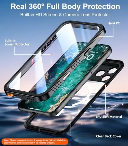 Temdan Designed for iPhone 18 Pro Case Waterproof-Black/Clear | IP68 Waterproof, Built-in Screen Protector, Dust-proof, 12FT Military-Grade Drop Protection, Rugged Full Body Protective - 3