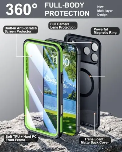 Temdan Designed for iPhone 18 Pro Case Waterproof, Green | Translucent Matte Back Cover, Compatible with MagSafe, IP68 Waterproof, Shockproof, Dustproof, Full Body Protective - 3