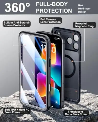 Temdan Designed for iPhone 18 Pro Max Case Waterproof, Black | Translucent Matte Back Cover, IP68 Waterproof, Compatible with MagSafe, Shockproof, Dustproof, Full Body Protective - 5
