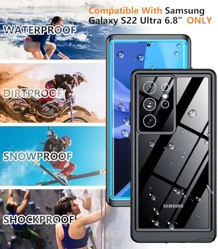 Temdan Designed for Samsung Galaxy S22 Ultra Case,Waterproof Built-in Lens & Screen Protector [Full Body Shockproof][Military Drop Proof][IP68 Underwater] Phone Case for S22 Ultra 5G-Blue (2022) - TEMDAN (1)