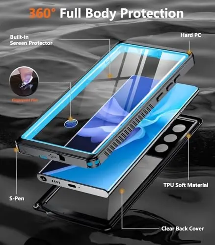 Temdan Designed for Samsung Galaxy S22 Ultra Case,Waterproof Built-in Lens & Screen Protector [Full Body Shockproof][Military Drop Proof][IP68 Underwater] Phone Case for S22 Ultra 5G-Blue (2022) - 5