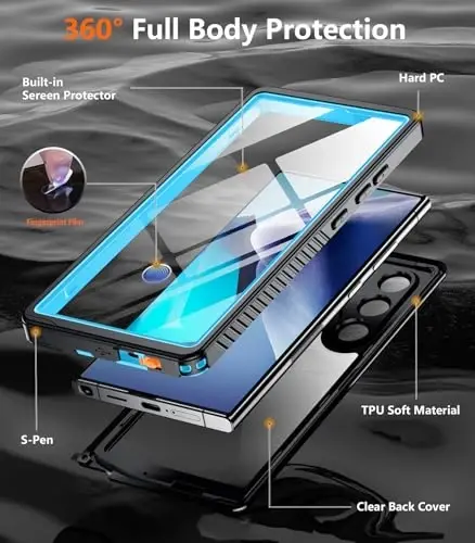 Temdan Designed for Samsung Galaxy S24 Ultra Case,Waterproof Built-in Lens & Screen Protector [Full Body Shockproof][Military Drop Proof][IP68 Underwater] Phone Case for S24 Ultra 5G-Blue (2024) - 5
