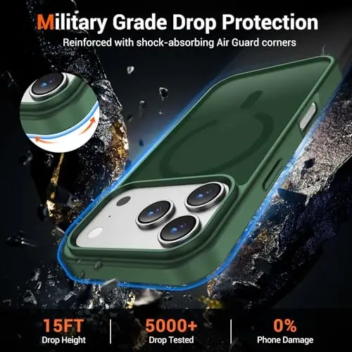 Temdan для чехла iPhone 17 Pro с защитной пленкой для экрана, совместимый с Magsafe, защита от пожелтения, защита военного класса, ударопрочный тонкий магнитный чехол для телефона, альпийский зеленый - 4