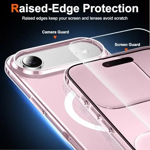 Temdan для чехла iPhone Air Чехлы Комплекты Прозрачный розовый с защитной пленкой, Совместимо с Magsafe, Армейская защита, Ударопрочный тонкий магнитный чехол для iPhone 17 Air, Розовый - 5