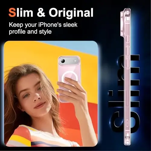 Temdan для чехла iPhone Air Чехлы Комплекты Прозрачный розовый с защитной пленкой, Совместимо с Magsafe, Армейская защита, Ударопрочный тонкий магнитный чехол для iPhone 17 Air, Розовый - 6